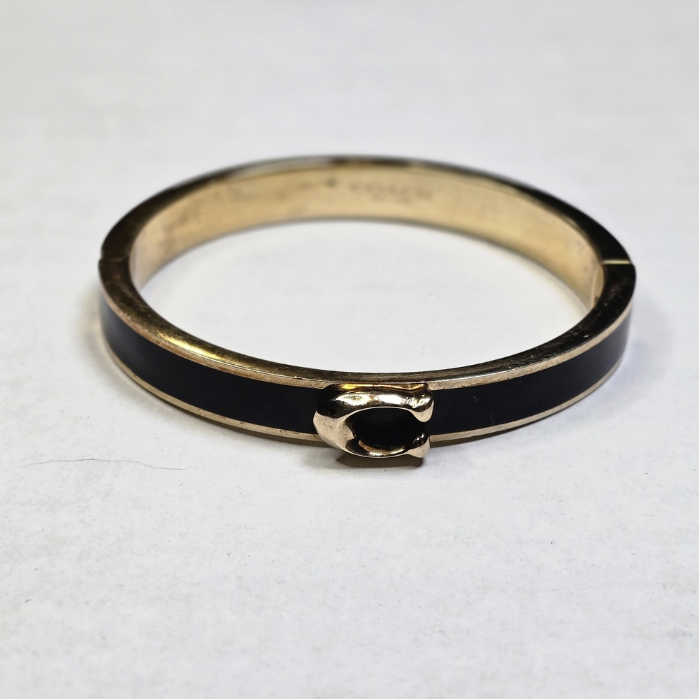 Coach Black Enameled Hinged Bangle Gold Plated Brass Black Enamel Side Clasp - Picture 3 of 8